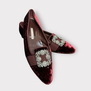 Authentic Manolo Blahnik Hangisi Maroon Velvet Buckle Flats
